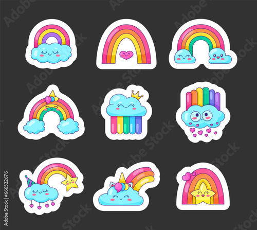 Cute kawaii cloud and rainbow cartoon characters. Sticker Bookmark. Smiling face emotion. Hand drawn style. Vector drawing. Collection of design elements.