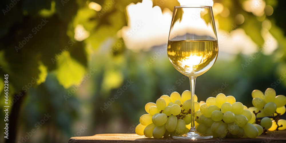 White wine glass decorated with grapes standing on a table in the winery - obrazy, fototapety, plakaty 
