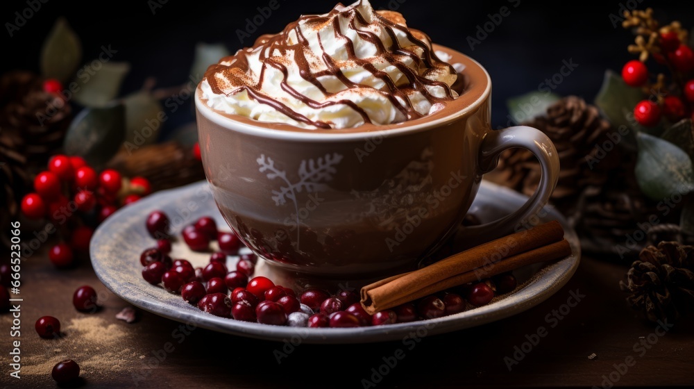 Christmas hot chocolate with cinnamon and marshmallows, Generative AI Christmas hot chocolate with cinnamon and marshmallows, Generative AI