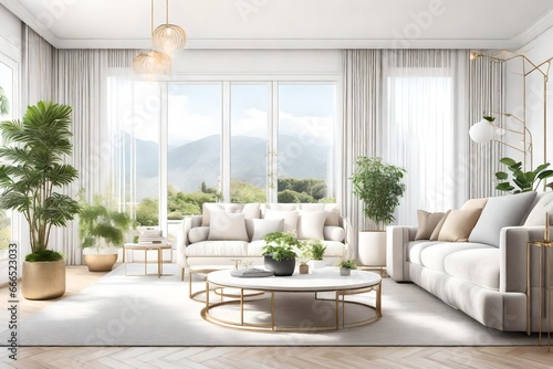 Contemporary classic white beige livingroom with plants and decor - carpet background