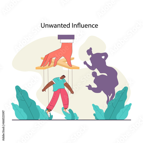 Peer pressure concept. Giant hand manipulates a puppet-like figure