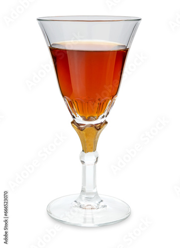 Fotografie Marsala wine in vintage goblet glass with gold decoration