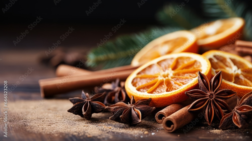 Christmas still life with spices and dried orange slices on holiday bokeh background, Generative AI - obrazy, fototapety, plakaty 