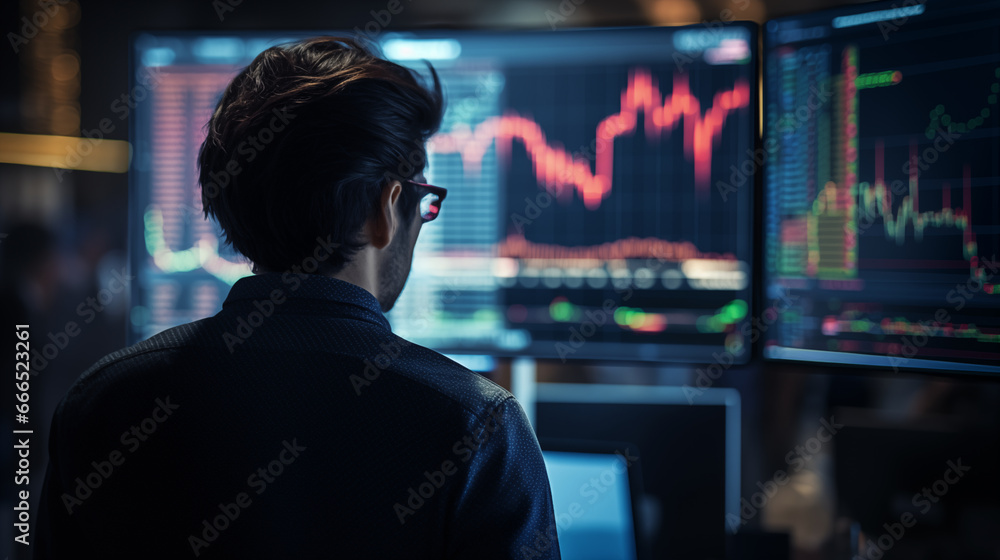 A trader analyzing candlestick charts with intense focus, crypto traders, in the style of bokeh A trader analyzing candlestick charts with intense focus, crypto traders, in the style of bokeh