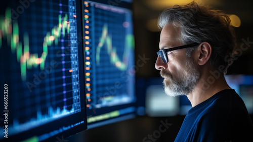 A trader analyzing cryptocurrency charts with a focused expression, crypto traders