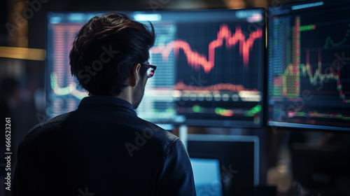 A trader analyzing candlestick charts with intense focus, crypto traders, in the style of bokeh