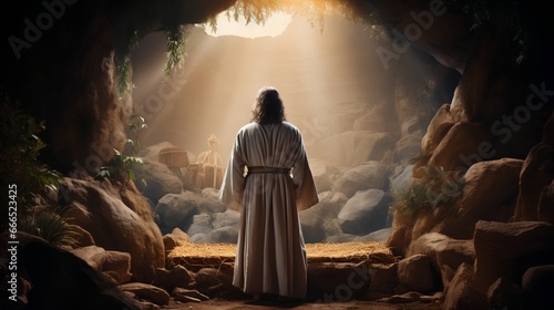 Jesus Christ as holy saviour. Beautiful light ray as power and sanctity symbol. Bible scene with religious soul. Appearance in saint land. View from behind for mystical mood.