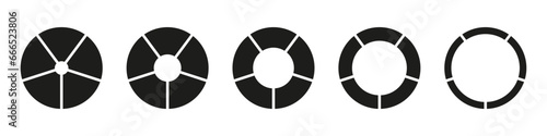 Wheels round divided in five sections. Diagrams infographic set. Circle section graphs. Pie chart icon. Donut charts or pies segmented on 5 equal parts. Geometric elements. Vector simple illustration.