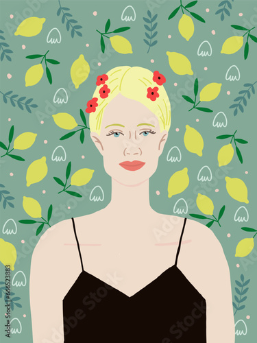Vector portrait of the beautiful blond woman in black dress on green background with lemons. Blond woman poster. Vector illustration