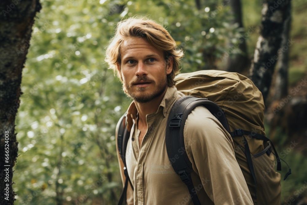 Blonde man hiking through a forest.