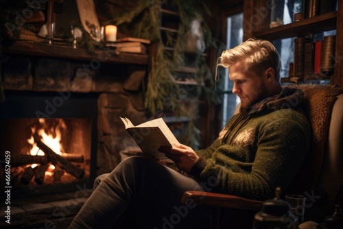 Blonde man reading a book in a cozy nook