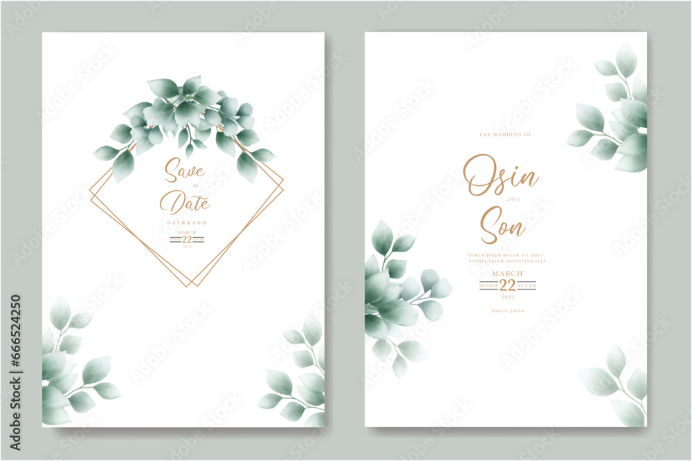 wedding invitation card with eucalyptus leaves watercolor