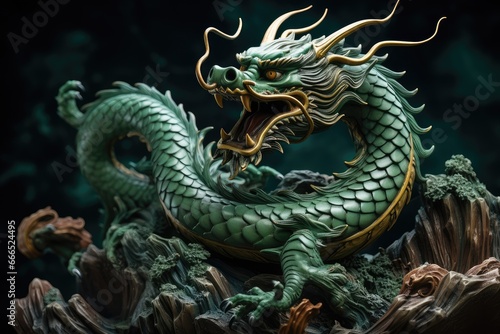 Green dragon closeup, fictional frightening character, symbol of the chinese new year 2024