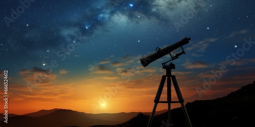 telescope with stars on it over a dark sky background above and use it as your wallpaper, poster and banner design.