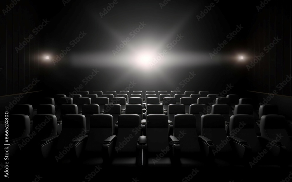 Cinema seats empty under lights indoor. Public seating movie stage show. Generate Ai Cinema seats empty under lights indoor. Public seating movie stage show. Generate Ai