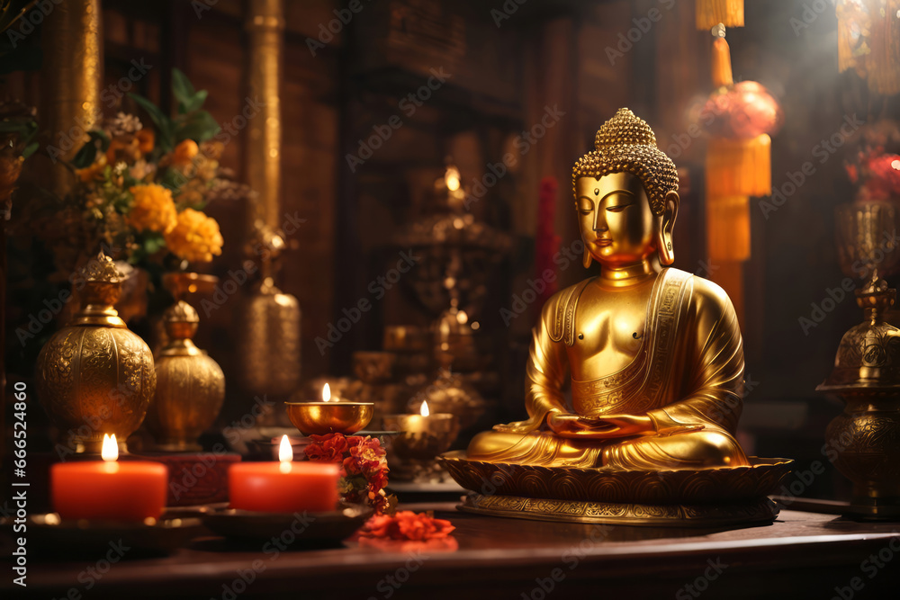 golden buddha statue on Chinese Buddhist traditional altar temple, Vesak Day and Chinese new year celebration - obrazy, fototapety, plakaty 