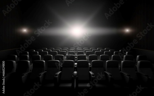 Cinema seats empty under lights indoor. Public seating movie stage show. Generate Ai