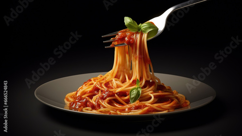 Appetizing spaghetti rolled on fork with typical Italian