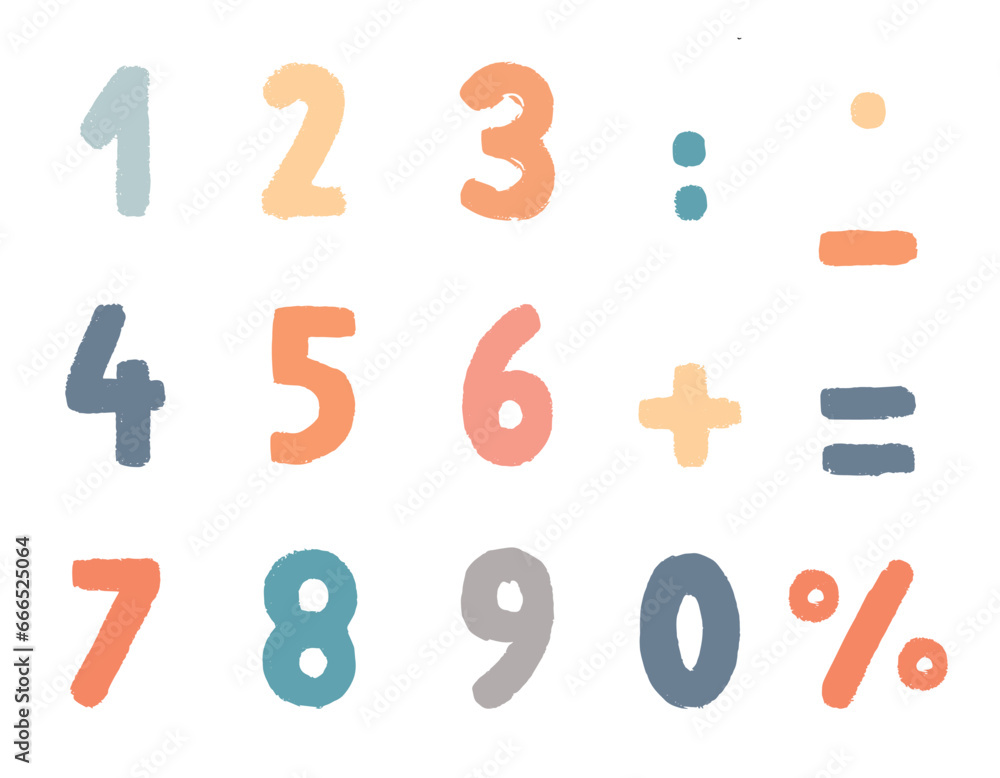 Set of numbers drawn with chalk, children's doodles. Vector