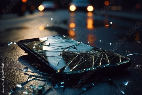 Close up of smartphone with broken screen on a road in background of the city. Mobile phone concept of falling and broken. photo