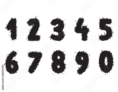 Set of brush drawn numbers, vector graphics, spray elements. Texture brushes. Vector