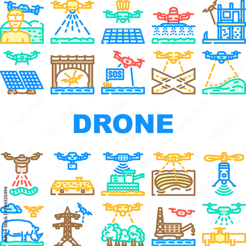 drone use technology icons set vector. agriculture farm, smart camera, farmer modern, precision digital, field, robot soil drone use technology color line illustrations drone use technology icons set vector. agriculture farm, smart camera, farmer modern, precision digital, field, robot soil drone use technology color line illustrations