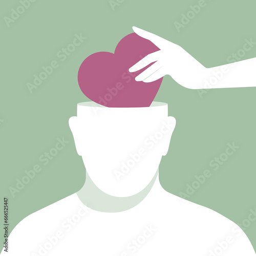 Female hand put heart inside male head. Man silhouette without face. Abstract human head template. Man front view. Mental health, brainwash, relationship and social issues concept.