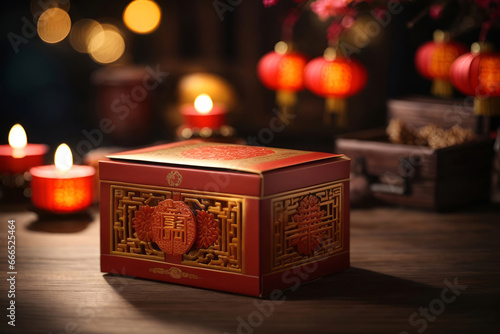 chinese red box with red chinese new year candle ornament and lantern bokeh background