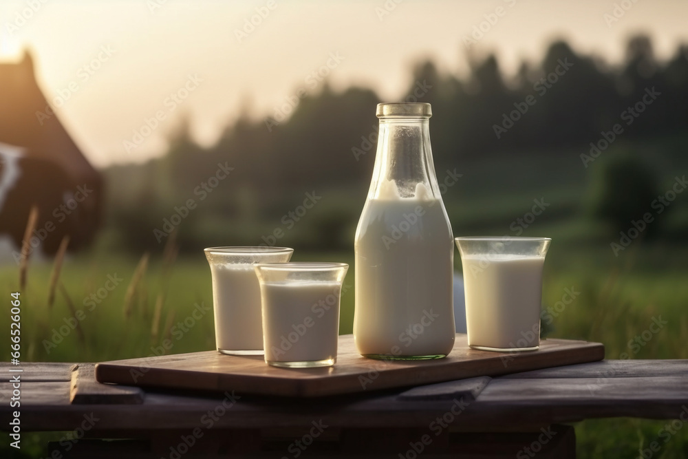 Glass and bottle of fresh milk on wooden table with cows on green meadow and mornig light background. Glass and bottle of fresh milk on wooden table with cows on green meadow and mornig light background.