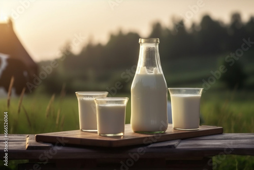  Glass and bottle of fresh milk on wooden table with cows on green meadow and mornig light background.	