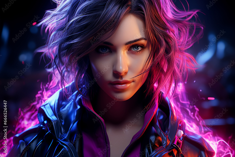 Portrait of a beautiful girl in cyberpunk universe.Front view
