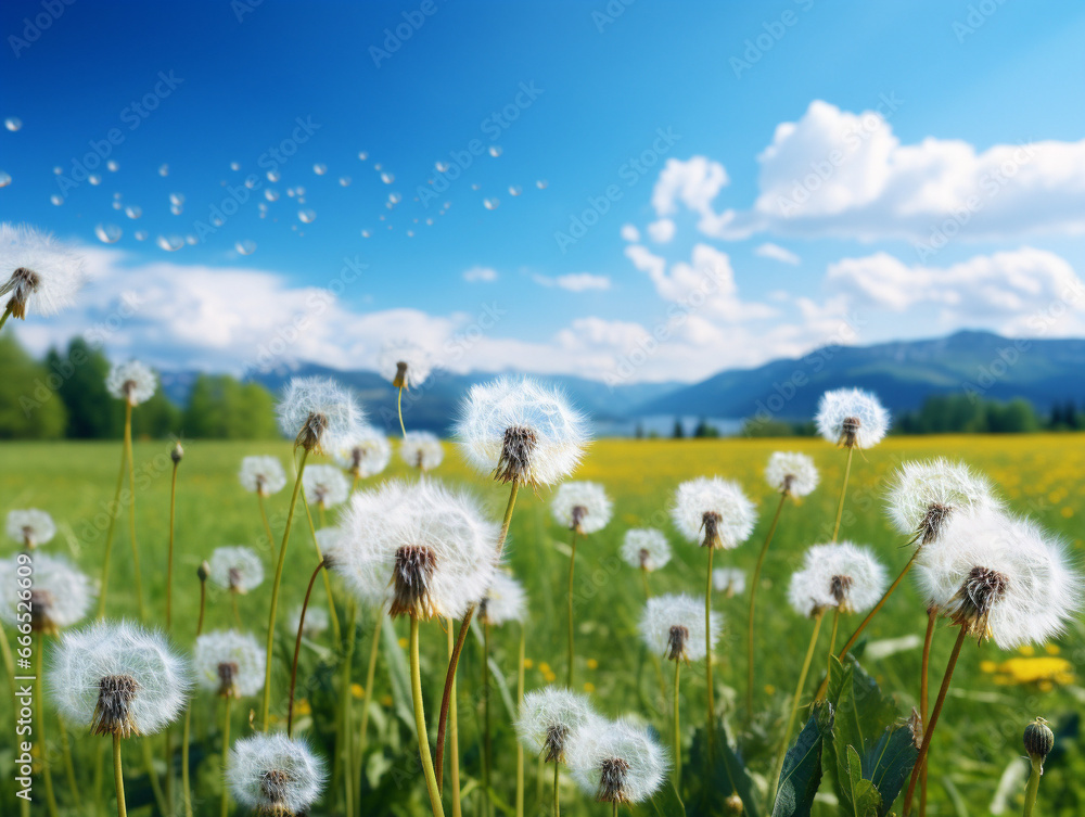 A picturesque dandelion field, where fluffy white seeds are about to be carried away by the wind. A picturesque dandelion field, where fluffy white seeds are about to be carried away by the wind.