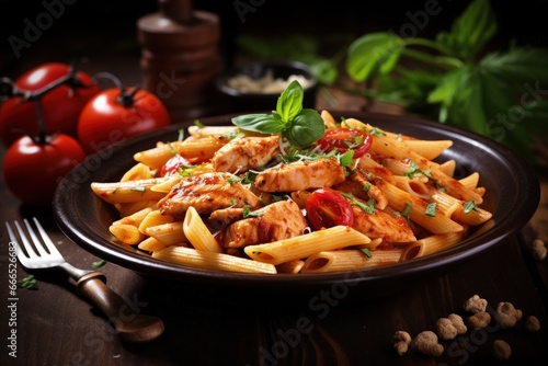 Chicken and tomatoes in tomato sauce with penne pasta parsley on a wooden table