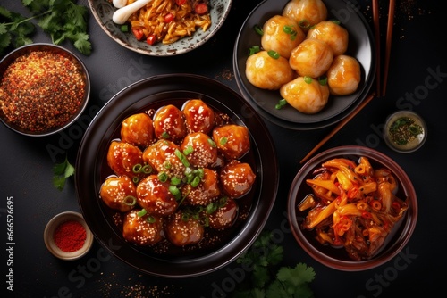 Chinese cuisine traditional dishes displayed on dark background top view with copy space