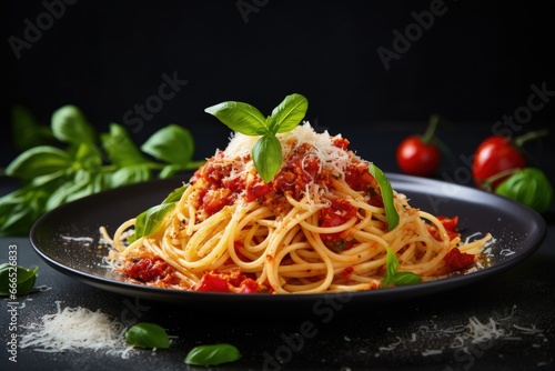Classic Italian spaghetti pasta with tomato sauce parmesan cheese and basil atop a dark table seen from above and arranged horizontally