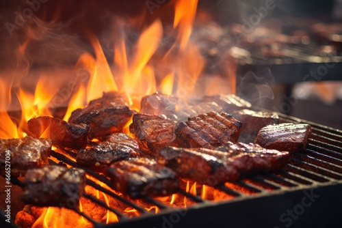 Close up of a fiery charcoal barbecue grill pit