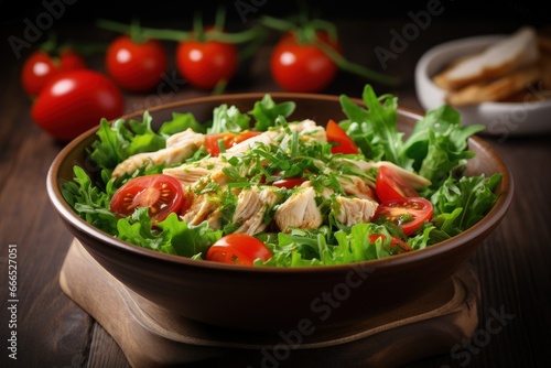 Close up of a healthy chicken salad on a wooden background made with mixed greens and tomatoes