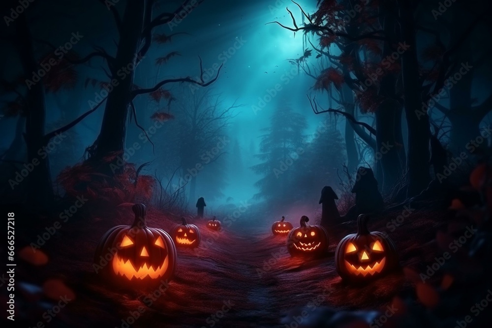 Spooky forest at night with pumpkin reflection, neon light, smoke, flashlight, fog. Halloween party. Generative AI