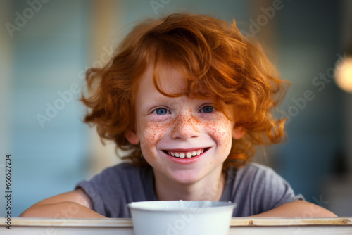 AI generative image of happy adorable redhead boy at home eating porridge for breakfast photo
