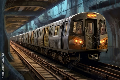 Moving subway train below ground, representing travel and transportation. Generative AI