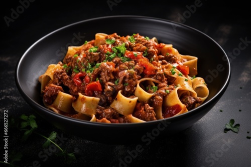 Close up top view of beef ragout sauce with pappardelle in a black bowl on a grey background