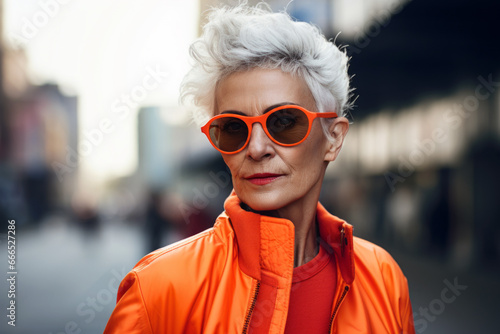 AI generated image of beautiful elegant stylish elderly senior woman wearing trendy orange jacket and sunglasses against blurred city photo