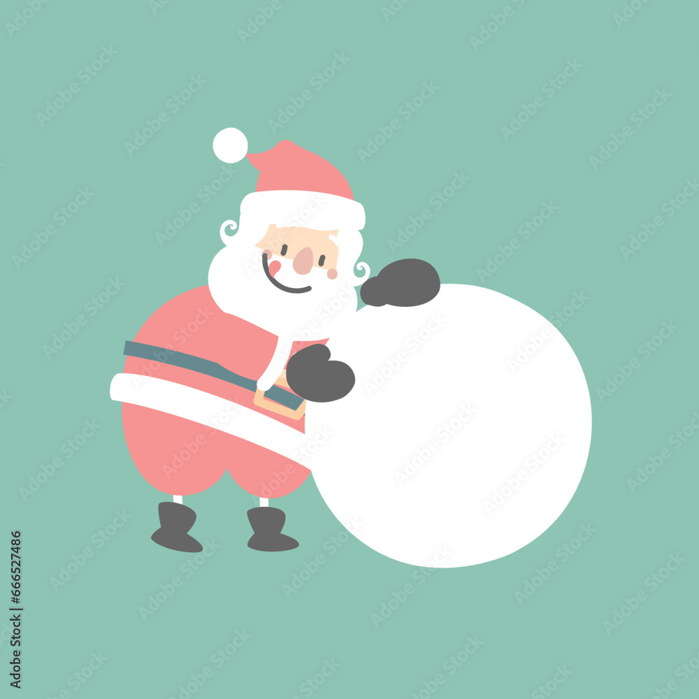 merry christmas and happy new year with cute santa claus making rolling snowball in the winter season green background, flat vector illustration cartoon character costume design merry christmas and happy new year with cute santa claus making rolling snowball in the winter season green background, flat vector illustration cartoon character costume design