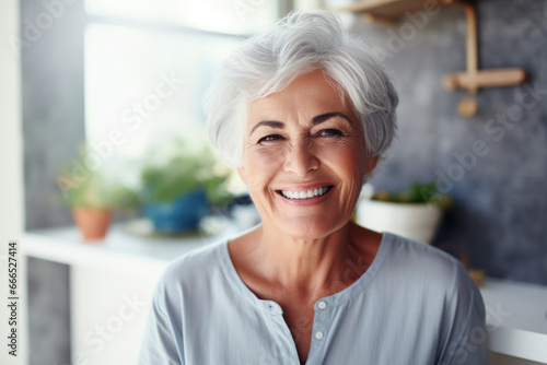 AI generated image of beautiful healthy elegant elderly senior woman smiling at looking at camera while standing at home photo