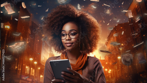 an african business woman with a phone flying in the digital space