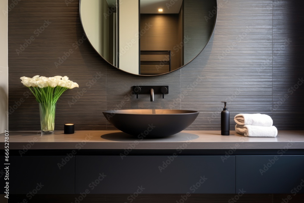 Contemporary bathroom with chic mirror and sink - obrazy, fototapety, plakaty 