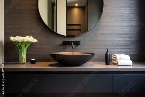 Contemporary bathroom with chic mirror and sink photo