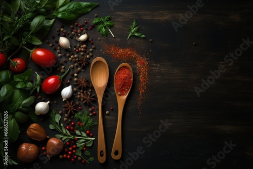 Cooking concept with vegetarian food dark background wooden spoon and ingredients