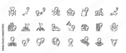 Location pins icon set. Doodle sketch restaurant, home, store, office, post, market, hiking path, car service, pizza delivery location