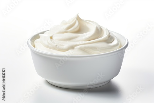 Cream filled bowl against white backdrop